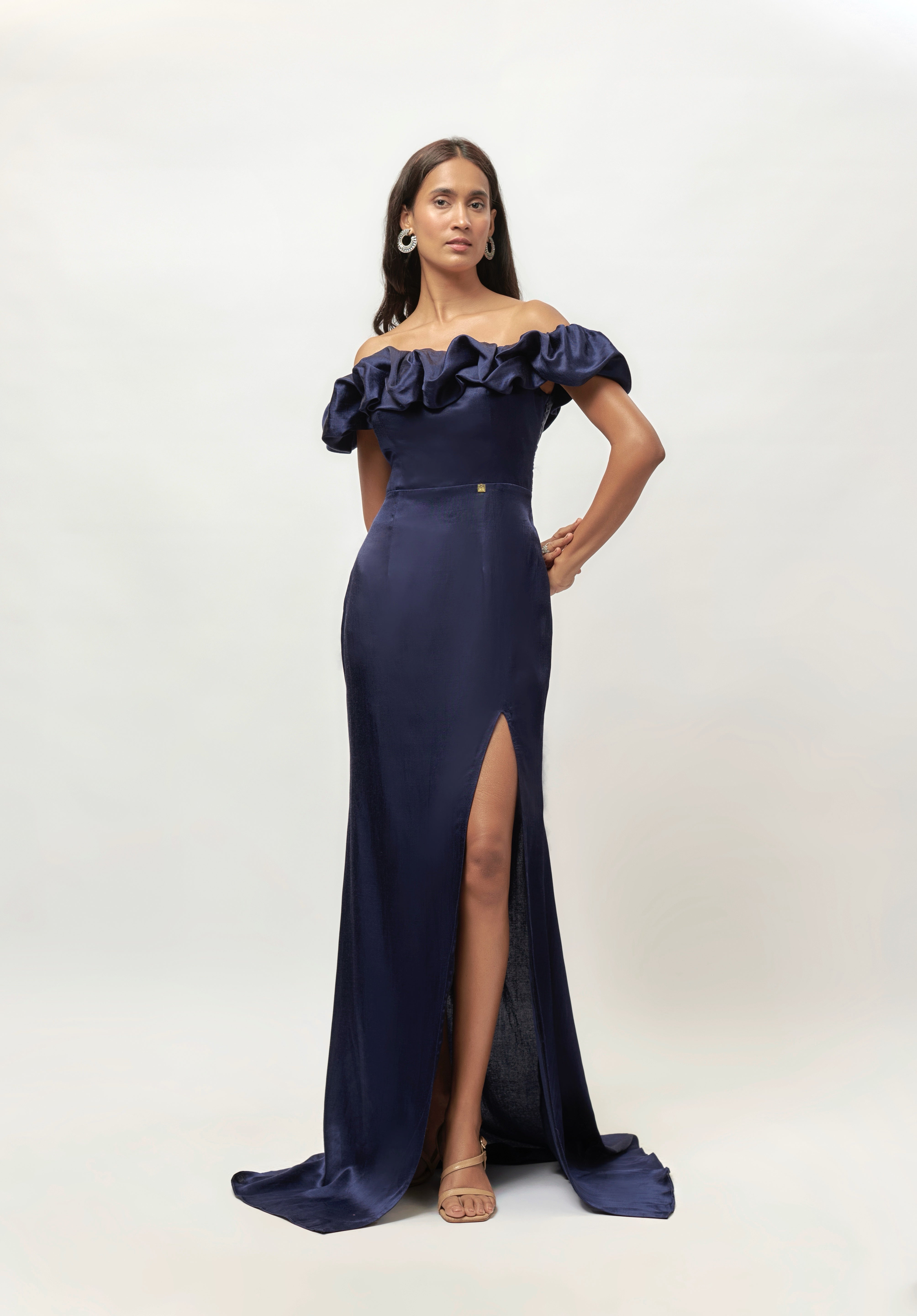 NAVY BLUE RUFLLE  OFF SHOULDER GOWN