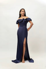 NAVY BLUE RUFLLE  OFF SHOULDER GOWN