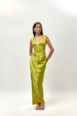 Neon Green Mashru Embellished Draped Gown