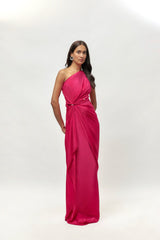 Hot Pink Natural Crepe Embellished One-Shoulder Gown