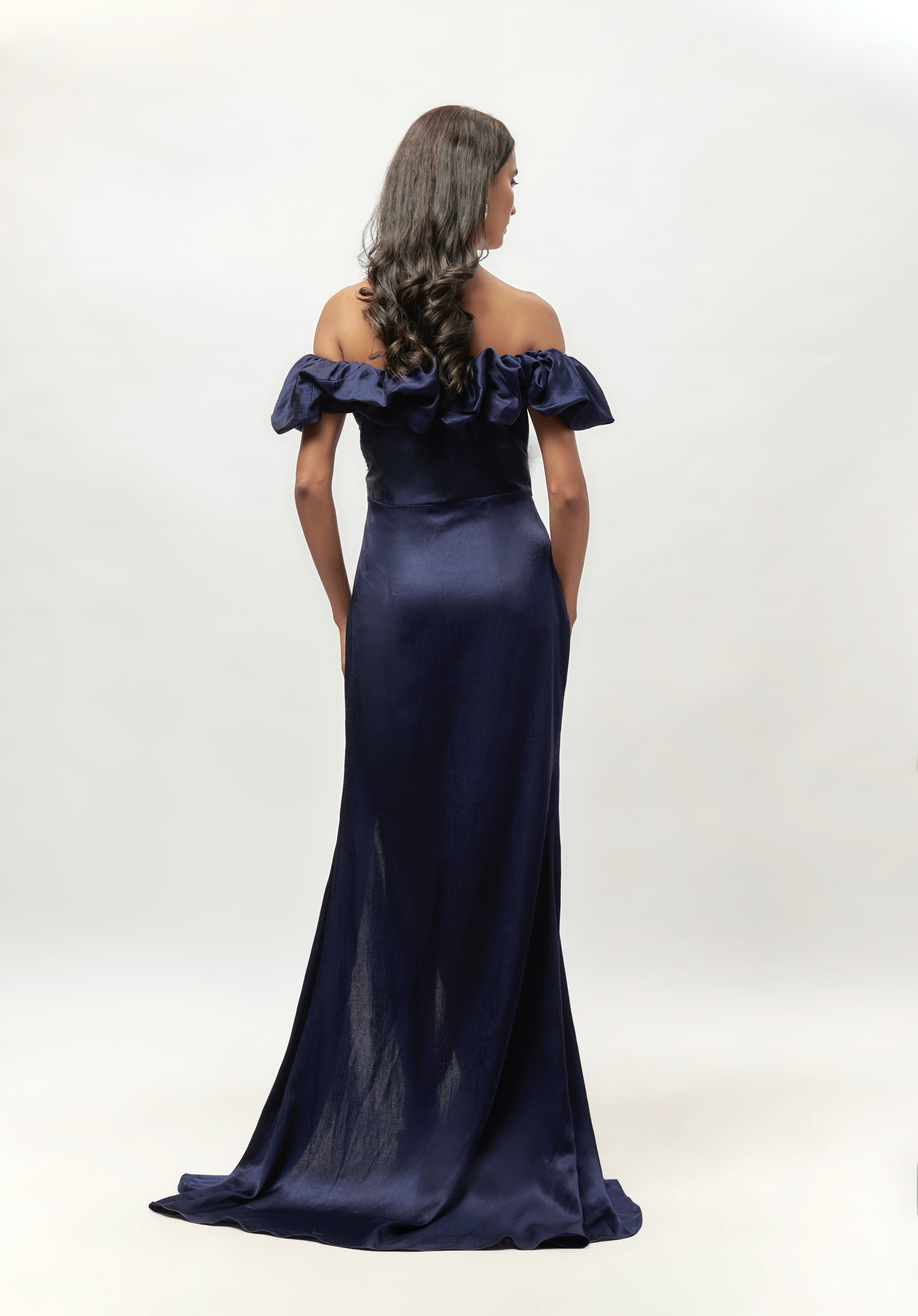 NAVY BLUE RUFLLE  OFF SHOULDER GOWN