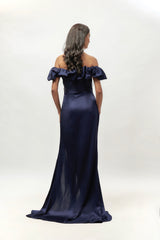 NAVY BLUE RUFLLE  OFF SHOULDER GOWN