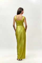 Neon Green Mashru Embellished Draped Gown