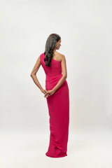 Hot Pink Natural Crepe Embellished One-Shoulder Gown
