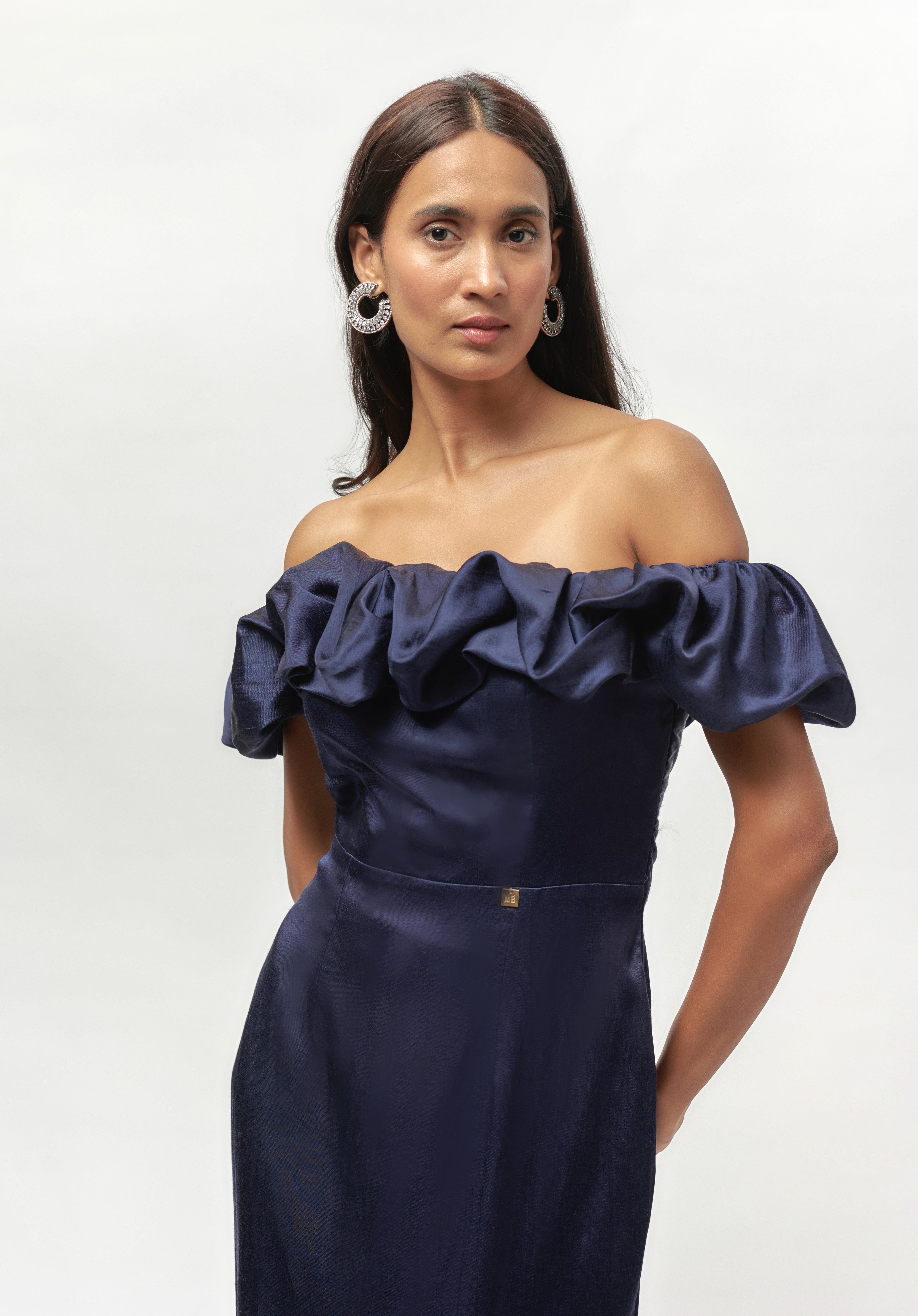NAVY BLUE RUFLLE  OFF SHOULDER GOWN