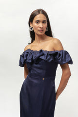 NAVY BLUE RUFLLE  OFF SHOULDER GOWN
