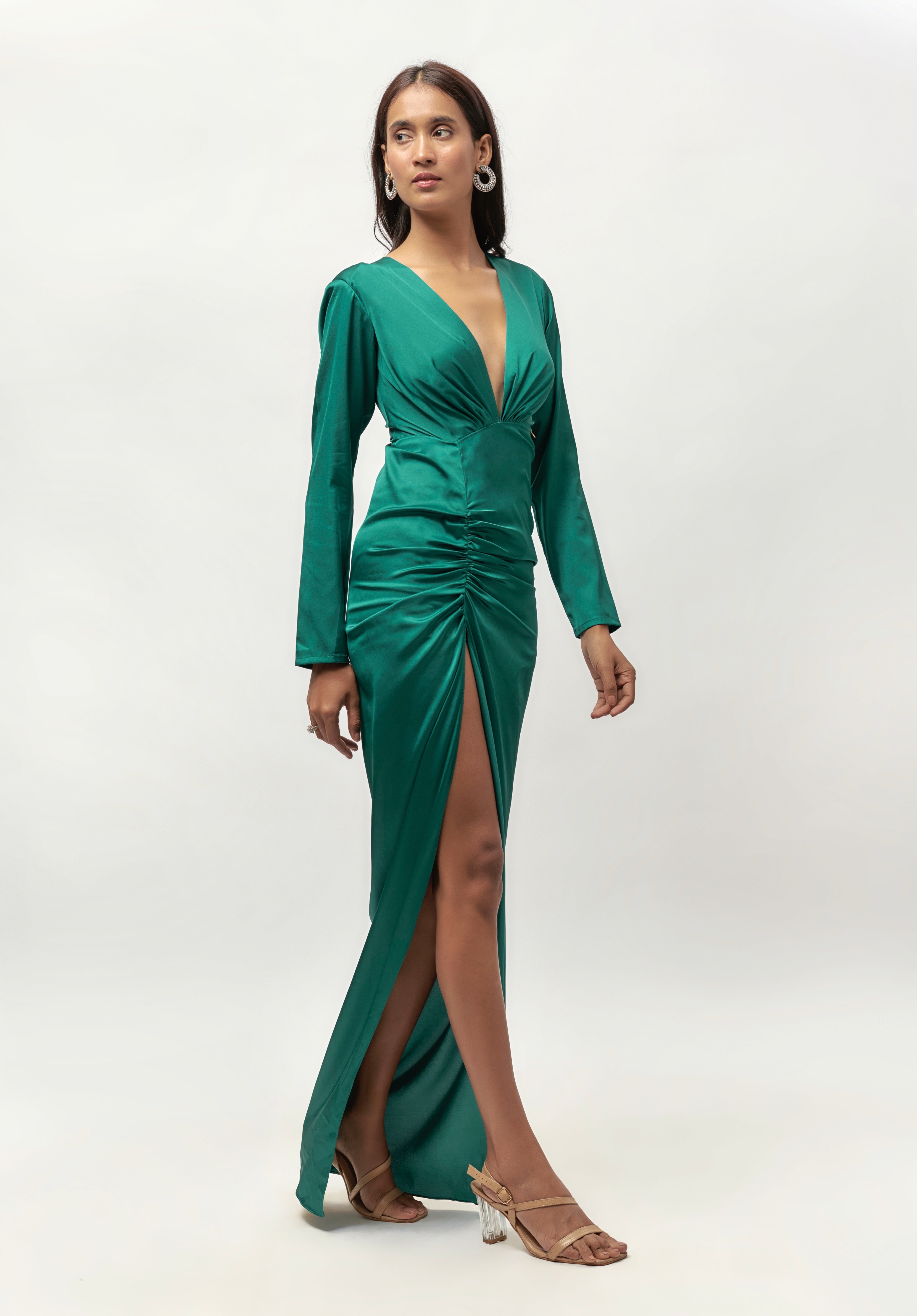 BLOU GROEN DRAPE VOLMOU SATYNROK