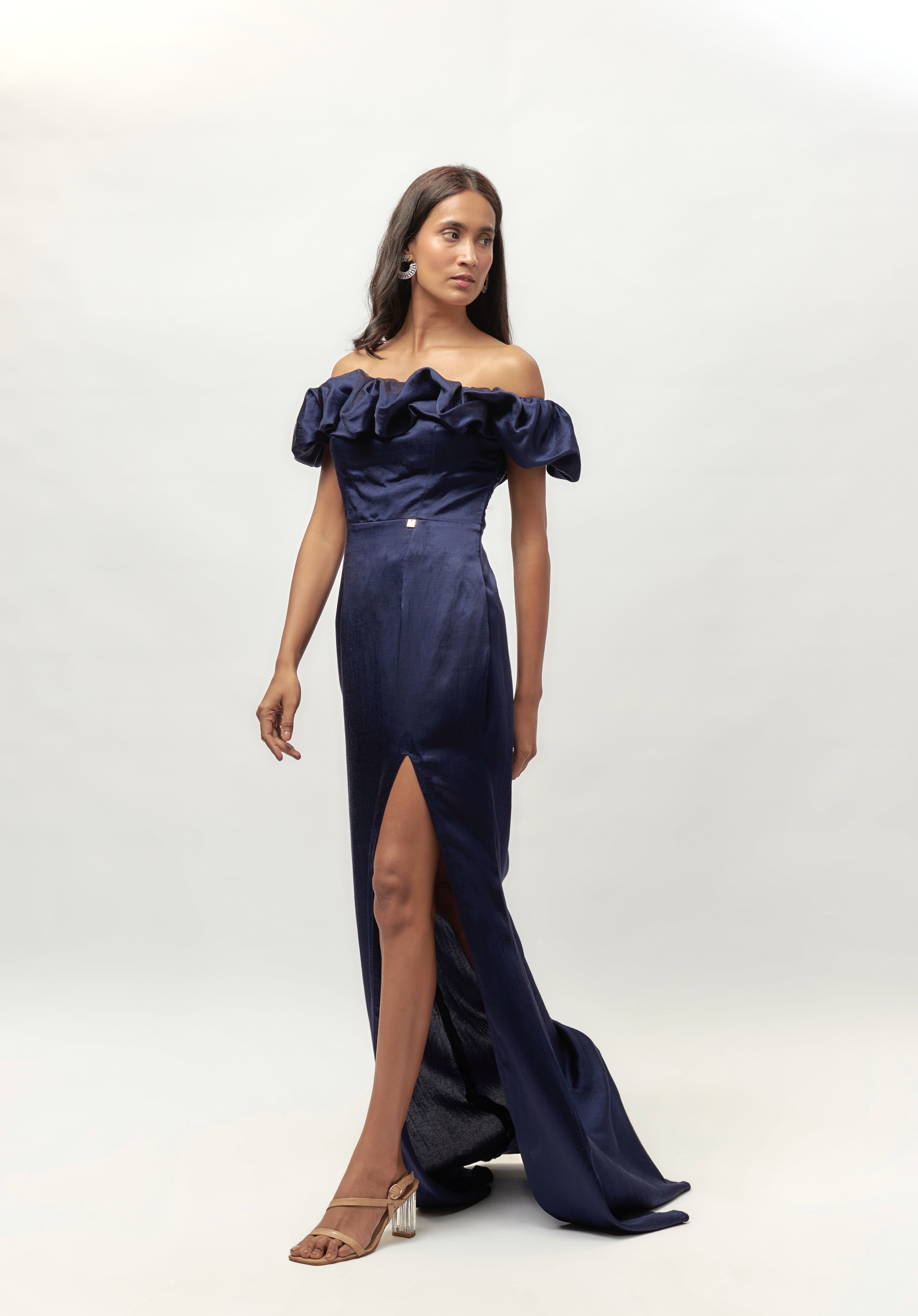 NAVY BLUE RUFLLE  OFF SHOULDER GOWN