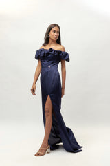 NAVY BLUE RUFLLE  OFF SHOULDER GOWN
