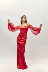 Red Satin & Tulle Draped Corset Gown