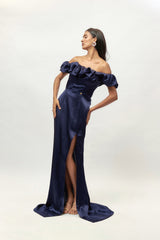 NAVY BLUE RUFLLE  OFF SHOULDER GOWN