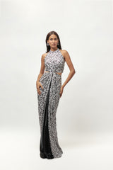 BLACK AND WHITE SEQUIN HALTER NECK CUT OUT GOWN