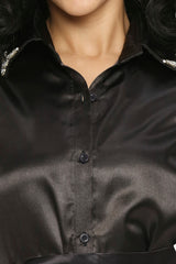 Black Satin Embellished Shirt Dress