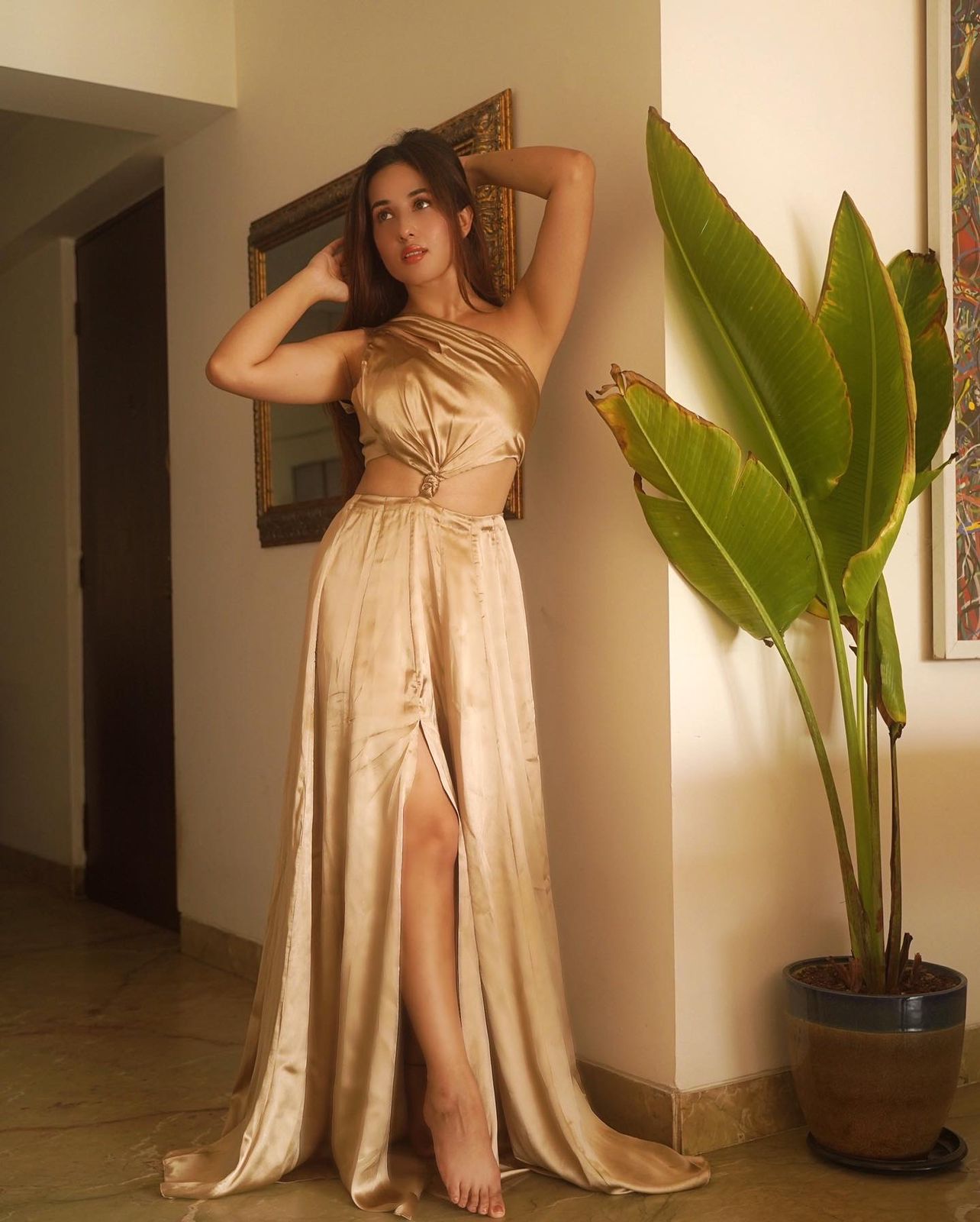 Gold Modal Satin One-Shoulder Gown