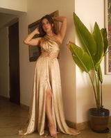 Gold Modal Satin One-Shoulder Gown