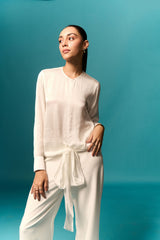 WIT MODALE SATYN KNOOP TOP & BROEK