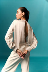 WIT MODALE SATYN KNOOP TOP & BROEK