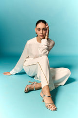 WIT MODALE SATYN KNOOP TOP & BROEK