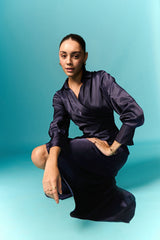 Vlootblou lang drapeerrok