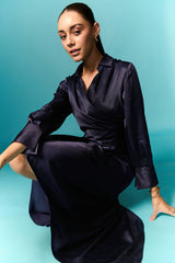 Vlootblou lang drapeerrok