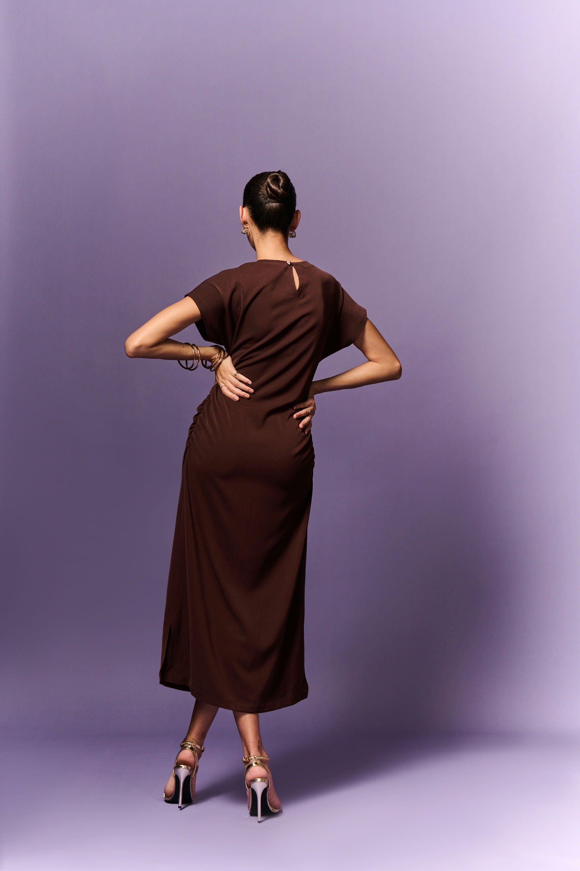 BROWN DOWN SLEEVE STRAIGHT FIT LONG DRESS