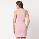 Pink Ribbed Front Neck Twist Dress