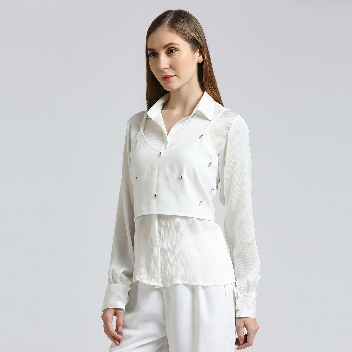 White Soft Chiffon Shirt With Embellished Crop