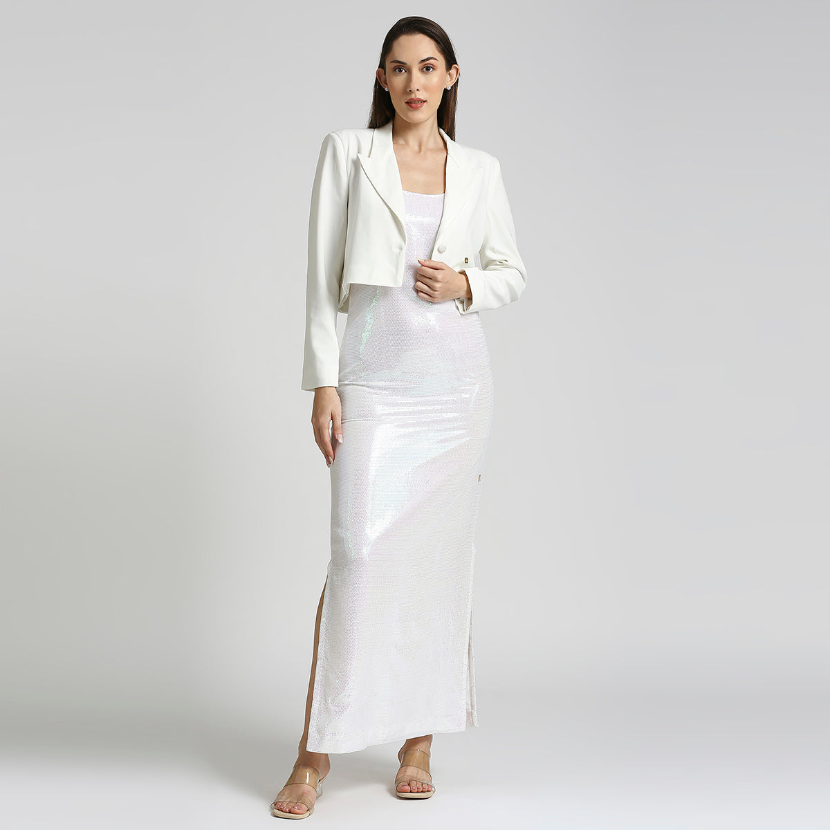 White Sequin Long Slip Dress With White Blazer