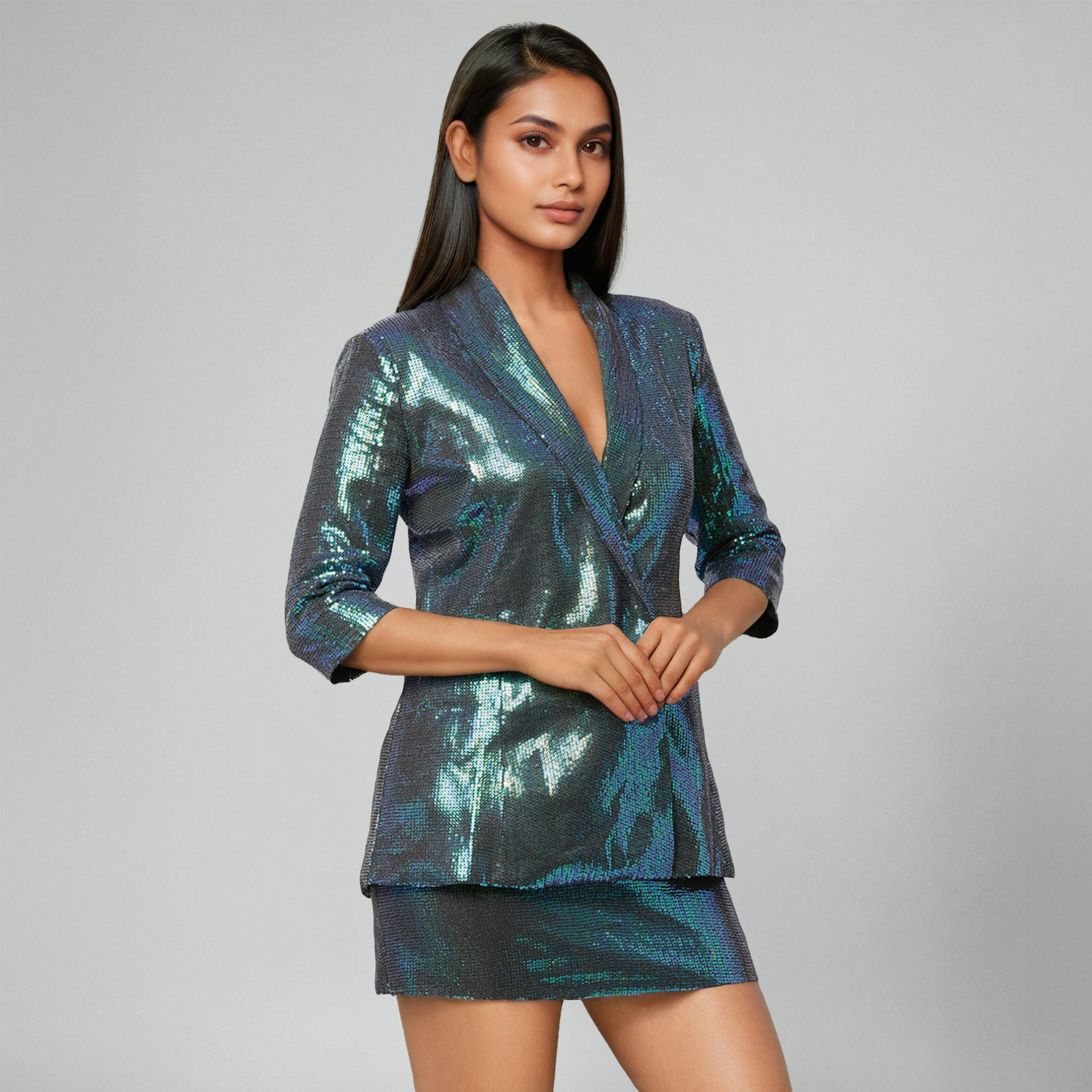 Metallic Blue Sequins Skirt Set