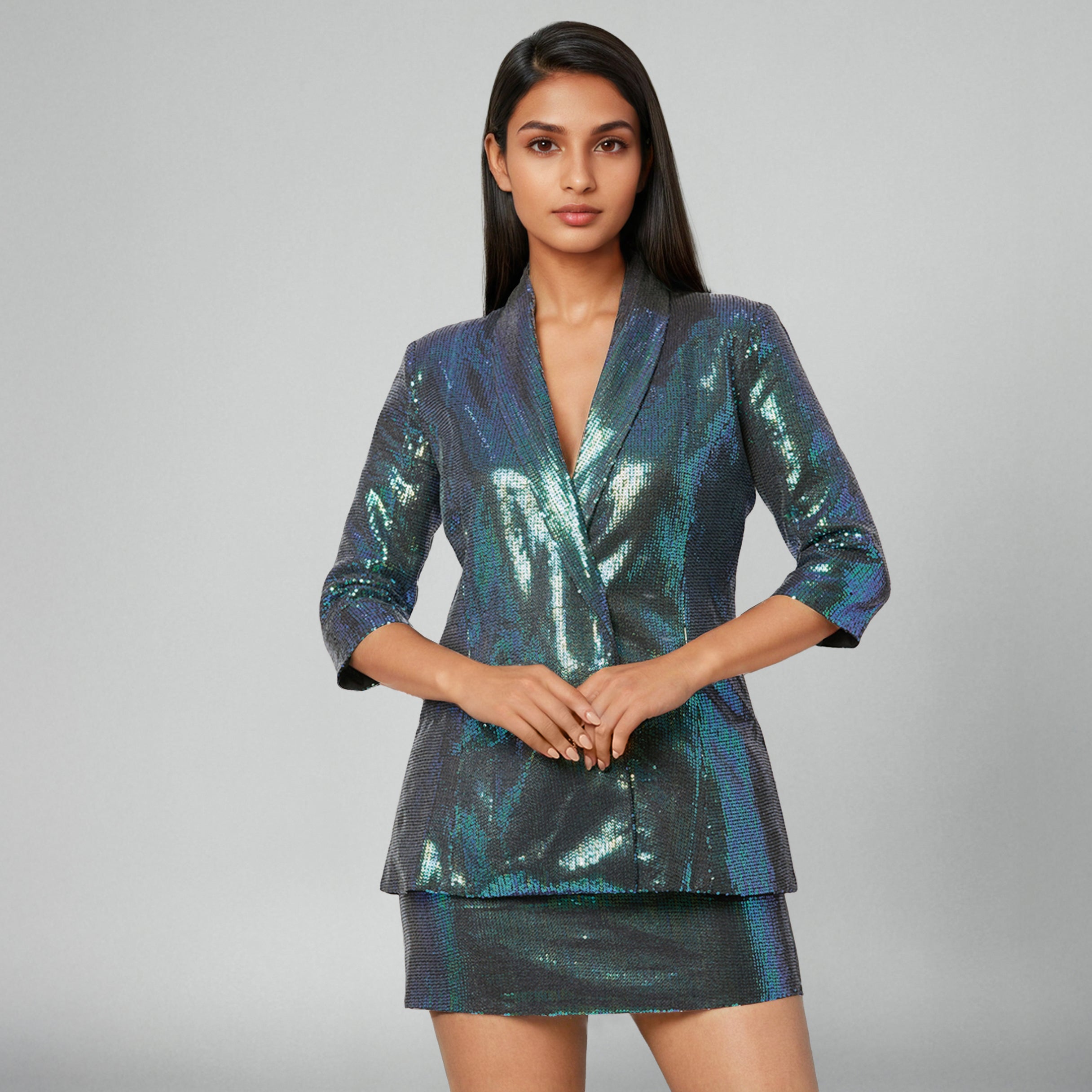 Metallic Blue Sequins Skirt Set