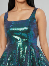 Blue Metallic Sequins Mini Dress