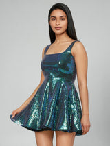 Blue Metallic Sequins Mini Dress