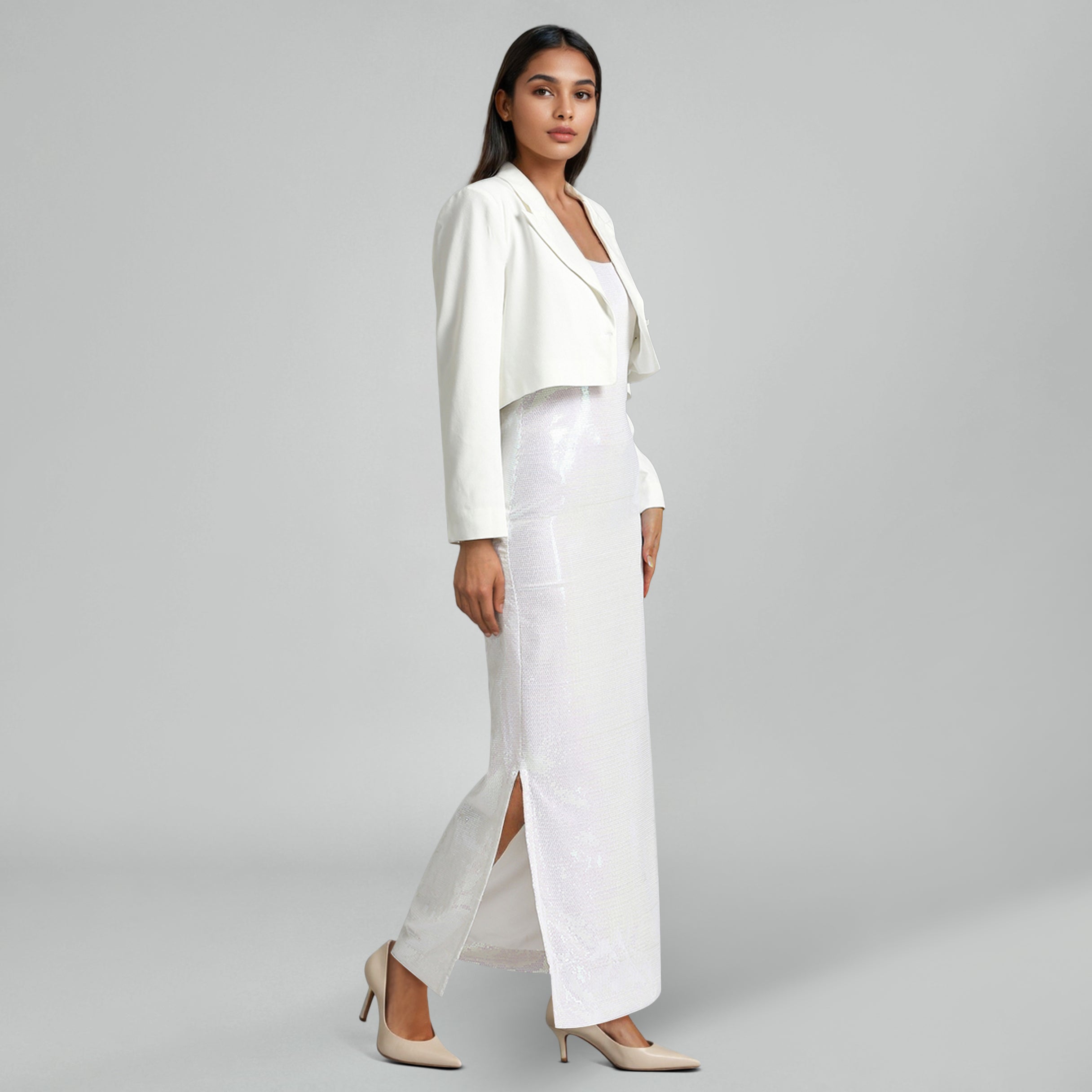White Sequins & Viscose Knit Jacket Dress
