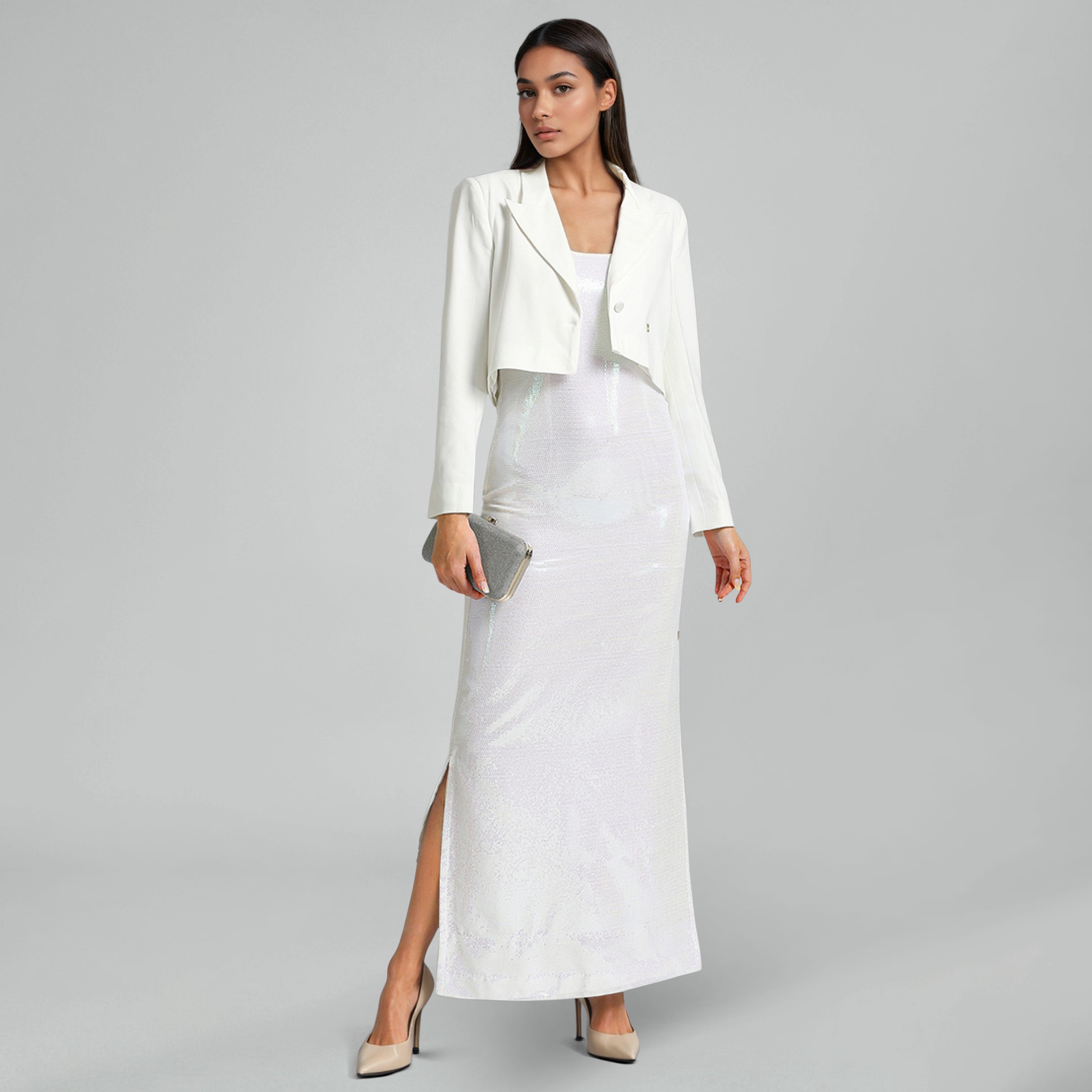White Sequins & Viscose Knit Jacket Dress