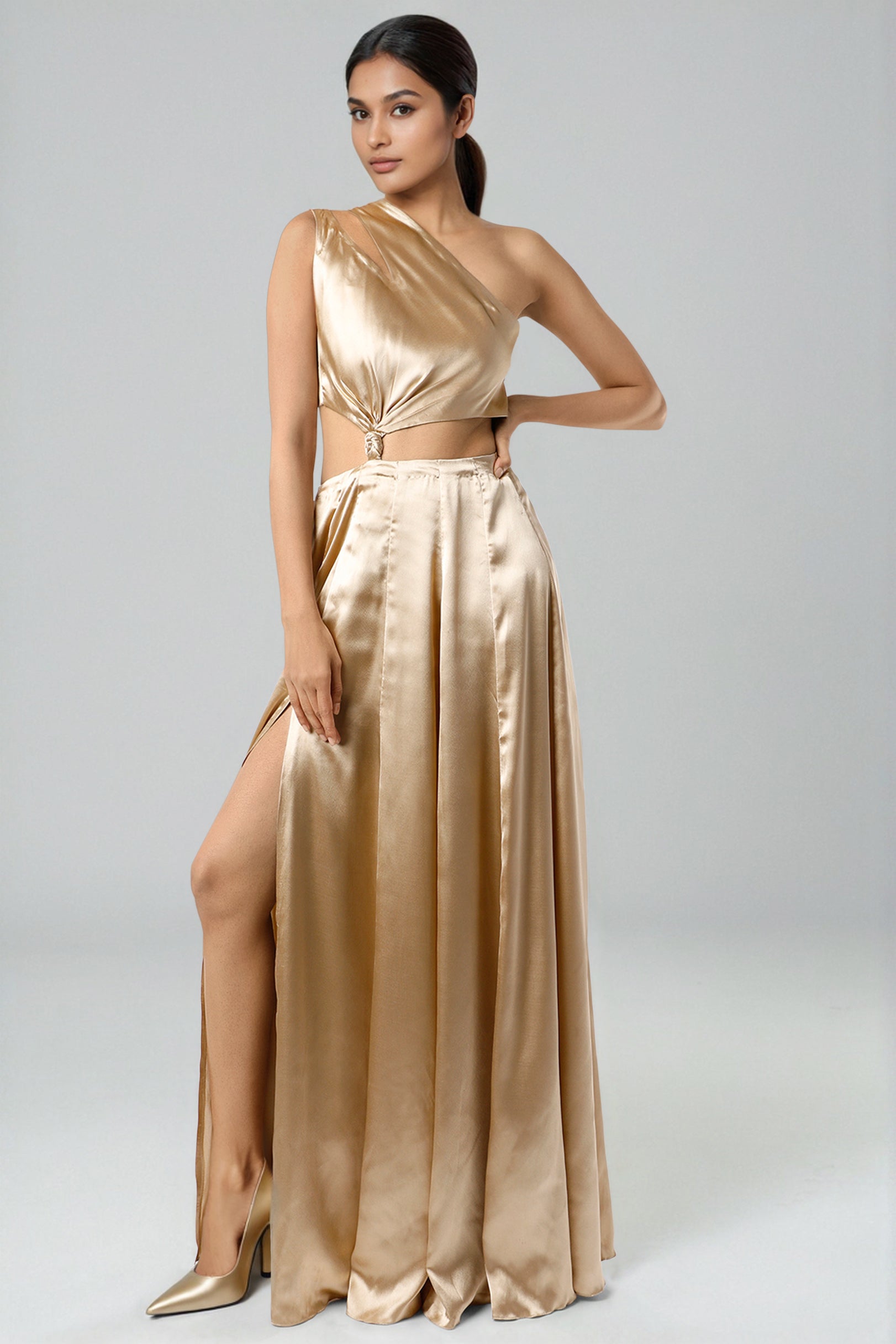 Gold Modal Satin One-Shoulder Gown