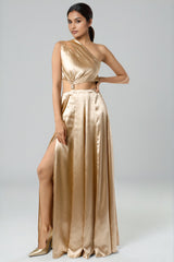 Gold Modal Satin One-Shoulder Gown