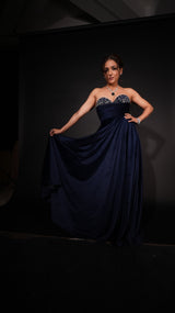 NAVY BLUE VELVET EMBELLISHED GOWN