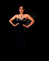 NAVY BLUE VELVET EMBELLISHED GOWN