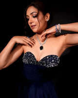 NAVY BLUE VELVET EMBELLISHED GOWN