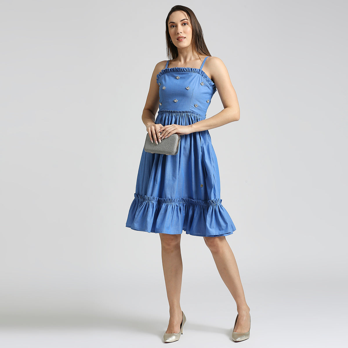 Blue Cambric Embellished Dress