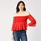 Semi Sheer Smoked Effect Off - Shoulder Red Top