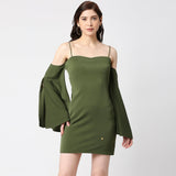 Olive Green Bodycon With Off Bell Sleeve And Slit