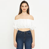 White off-shoulder mini gathered crop top