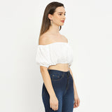 White off-shoulder mini gathered crop top