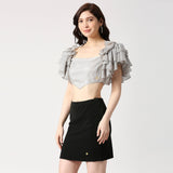 Silver Shimmery Ruffle Sleeve Crop Top