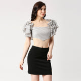 Silver Shimmery Ruffle Sleeve Crop Top