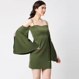 Olive Green Bodycon With Off Bell Sleeve And Slit