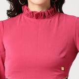 Hot Pink waist cut ruffle neck crop top