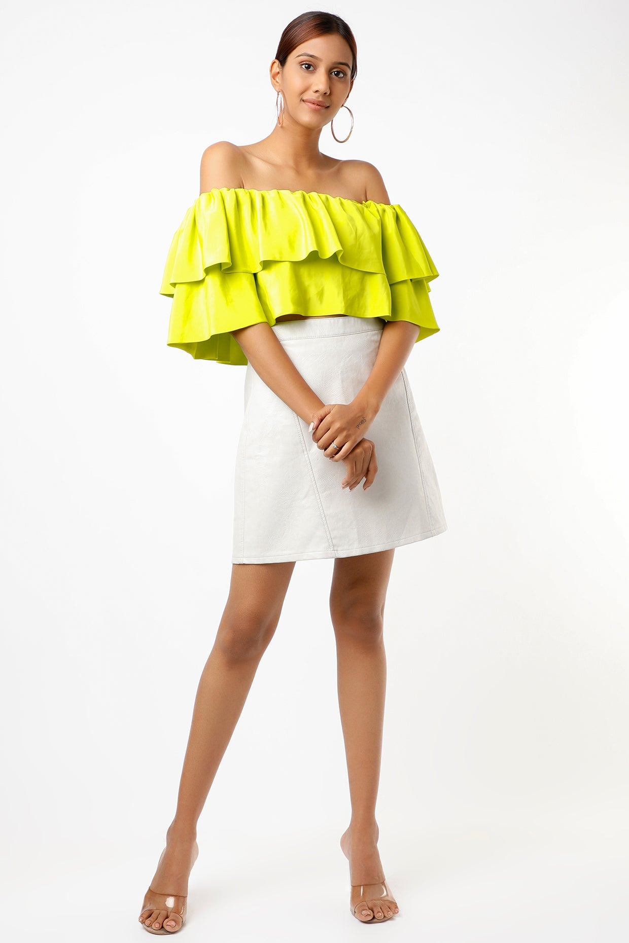 Neongroen kort top met ruffles en afneembare skouers