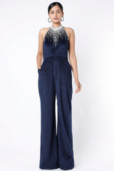 Versierde vlootblou jumpsuit